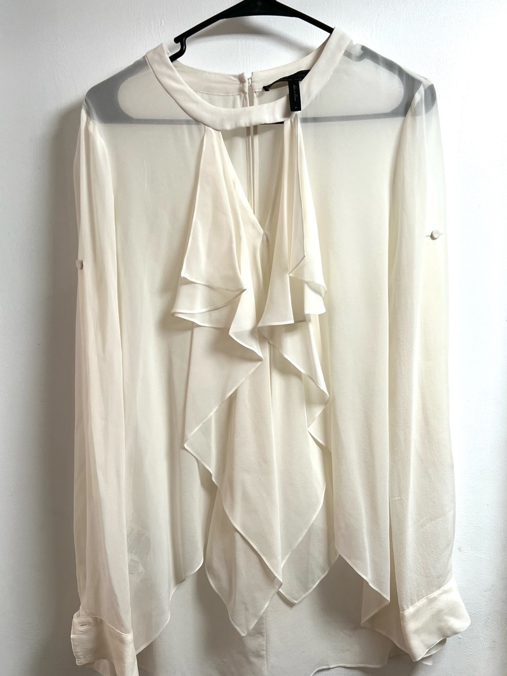 BCBGMaxAzria Silk Off-White Ruffle Front Sheer Blouse
